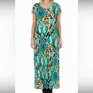 Chico's Travellers Mediterranean Short Sleeve Slinky Maxi Dress Size 12/14 Blue